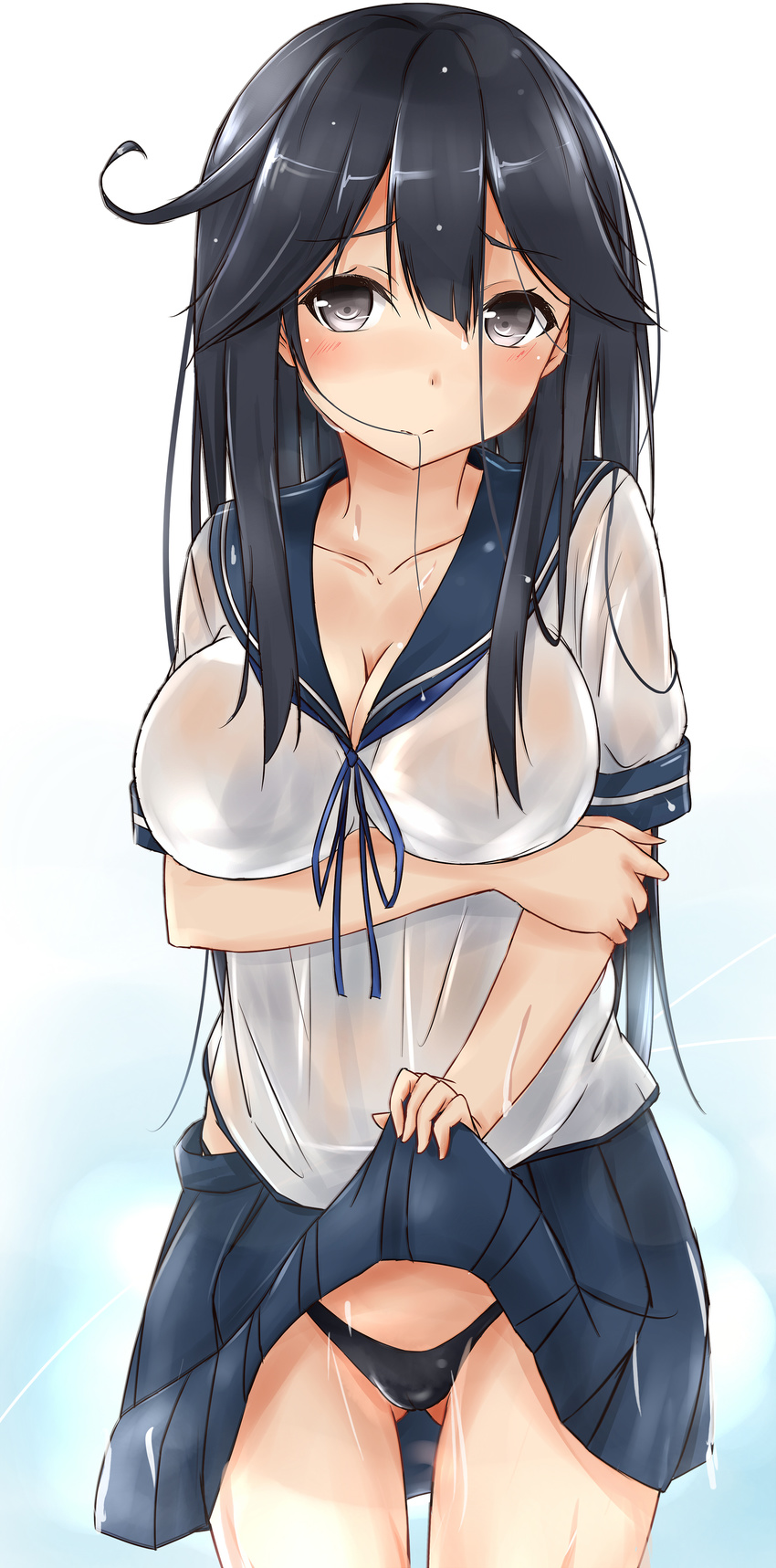 bra breast_hold cleavage kantai_collection pantsu saku_(kudrove) see_through seifuku skirt_lift ushio_(kancolle) wet_clothes