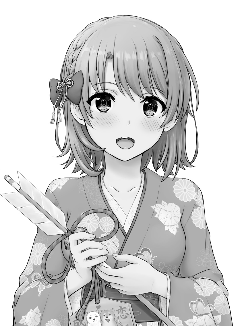 1girl 2018 :d animal animal_print arrow blush bow brown_eyes brown_hair butterfly_print chinese_zodiac collarbone dog eyebrows_visible_through_hair floral_background floral_print hair_between_eyes hair_bow hamaya heart highres holding_arrow inanaki_shiki isshiki_iroha japanese_clothes kimono looking_at_viewer new_year obi open_mouth sash short_hair smile solo spoken_heart upper_body yahari_ore_no_seishun_lovecome_wa_machigatteiru. year_of_the_dog yukata