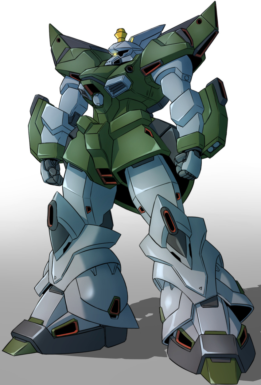 arm_cannon clenched_hands commentary_request gelgoog gradient_background gundam gundam_f91_formula_report_0122 highres mecha mecha_focus missile_pod mobile_suit neo_zeon no_humans one-eyed rf_gelgoog robot science_fiction shadow solo tatsu_(ashcleef) weapon yellow_eyes