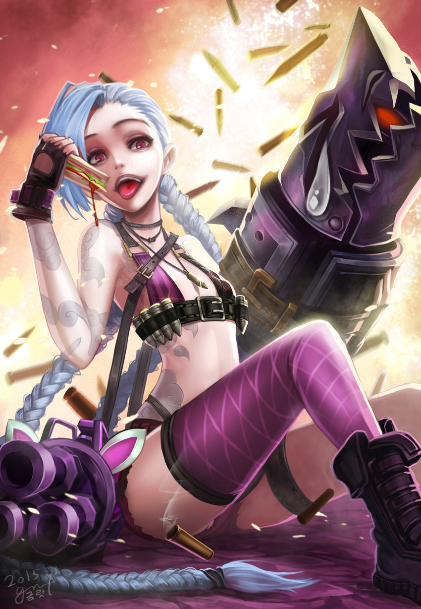 bikini_top cleavage goomrrat gun jinx league_of_legends thighhighs