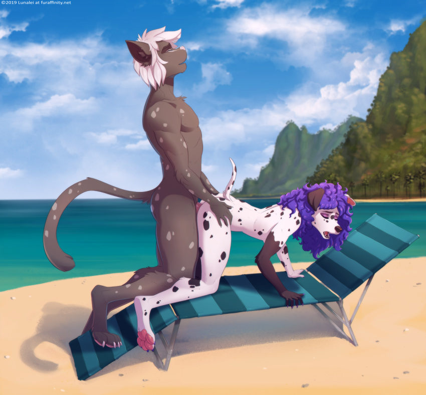 2019 4_toes 5_fingers anthro breasts canid canine canis day detailed_background digital_media_(artwork) digitigrade domestic_cat domestic_dog duo eyes_closed felid feline felis female hair lunalei male male/female mammal outside purple_hair sand sex sky toes water