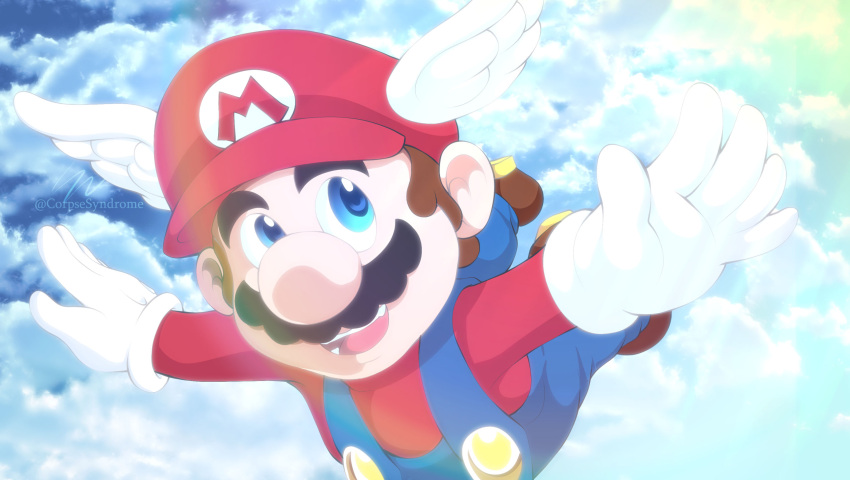 1boy artist_name blue_eyes blue_overalls clip_studio_paint_(medium) cloud cloudy_sky commentary corpsesyndrome english_commentary facial_hair flying full_body gloves hat head_wings highres mario mario_(series) mario_day open_mouth overalls red_hat red_shirt shirt sky smile solo super_mario_64 twitter_username white_gloves wings