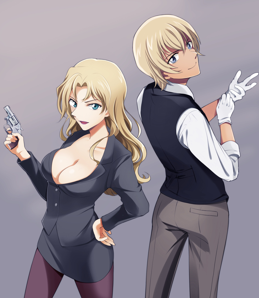 adope amuro_toru business_suit cleavage detective_conan gun no_bra pantyhose vermouth