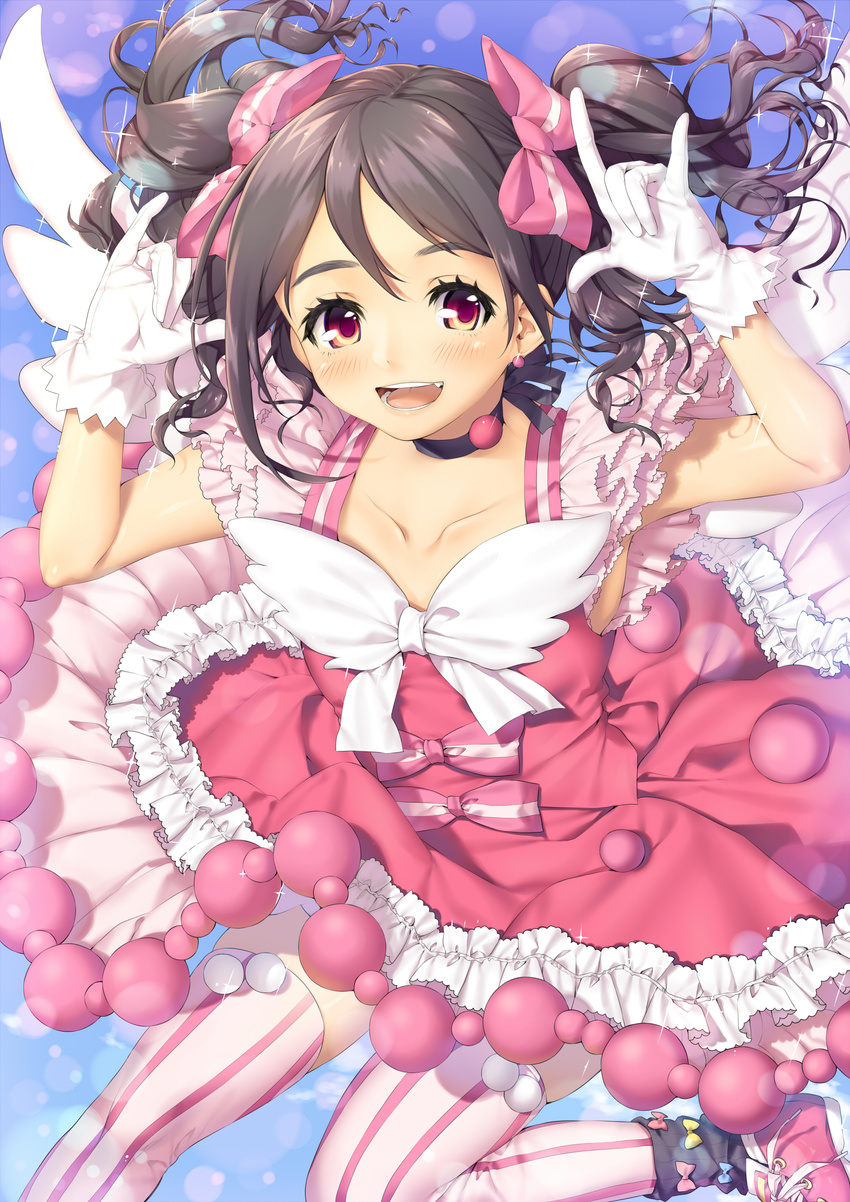 \m/ absurdres angel_wings black_hair black_legwear bow brown_eyes collar collarbone double_\m/ dress earrings frills gloves hair_bow highres jewelry long_hair looking_at_viewer love_live! love_live!_school_idol_project nico_nico_nii open_mouth pink_bow pink_legwear red_dress shoes sneakers socks_over_thighhighs solo sparkle striped striped_bow striped_legwear thighhighs twintails vertical-striped_legwear vertical_stripes white_gloves wings yana_mori yazawa_nico