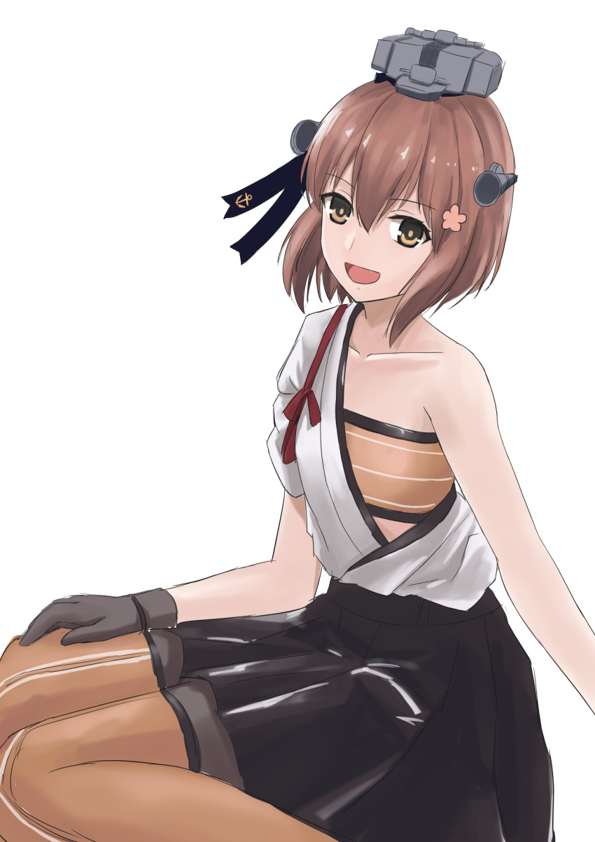 1girl bandeau bare_shoulders brown_eyes brown_hair brown_thighhighs collarbone cosplay flower hadanugi_dousa hair_ornament hakama hakama_skirt highres japanese_clothes kantai_collection kimono long_sleeves looking_at_viewer open_clothes open_kimono open_mouth pleated_skirt radar_hair_ornament short_hair shouhou_(kancolle) shouhou_(kancolle)_(cosplay) sitting skirt smile solo thighhighs wariza white_background yuki_4040 yukikaze_(kancolle) yukikaze_kai_ni_(kancolle)