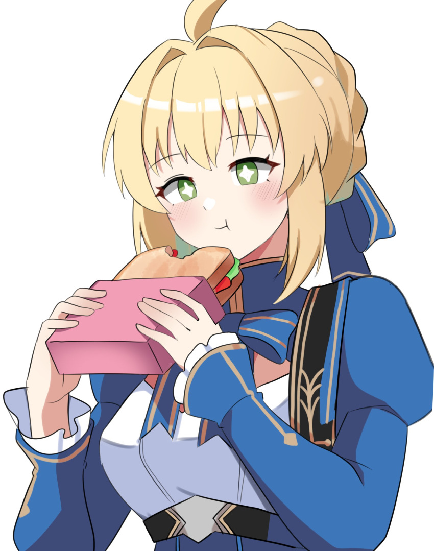 +_+ 1girl ahoge artoria_pendragon_(fate) belt black_belt blonde_hair blue_bow blue_bowtie blue_dress blush bow bowtie braid breasts cleavage_cutout closed_mouth clothing_cutout dress eating erushira fate/stay_night fate/unlimited_blade_works fate_(series) food green_eyes hair_between_eyes hair_bow hands_up highres holding holding_food holding_sandwich honkai:_star_rail honkai_(series) huge_ahoge juliet_sleeves long_sleeves looking_at_food medium_breasts puffy_sleeves saber_(fate) saber_(honkai:_star_rail)_(fate) sandwich short_hair sidelocks simple_background smile solo two-tone_dress upper_body white_background white_dress