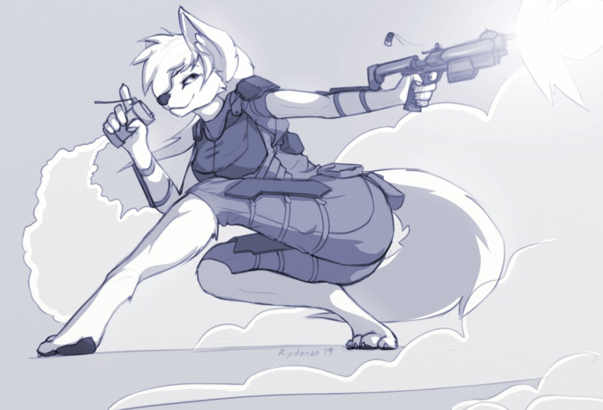 2019 4_toes 5_fingers action_pose armor barefoot canid canine canis claws crouching domestic_dog eyebrows eyelashes female finger_claws fur gun hair hi_res holding_object holding_weapon husky inner_ear_fluff mammal military monochrome pawpads paws planetside_2 pose ranged_weapon rydenan shooting signature smile smirk smoke smoke_grenade solo toe_claws toes weapon