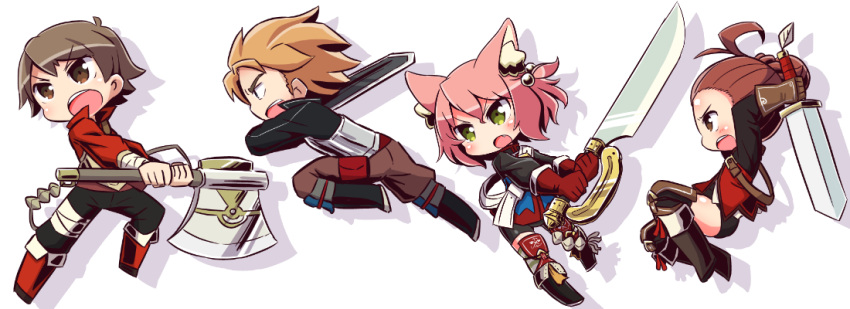 2boys 2girls 7th_dragon 7th_dragon_(series) :o animal_ear_fluff animal_ears arms_up axe bangs bike_shorts black_footwear black_pants black_shirt black_shorts blue_jacket blush boots brown_eyes brown_gloves brown_hair brown_pants cat_ears character_request chibi drop_shadow eyebrows_visible_through_hair fang gloves hair_between_eyes hair_bobbles hair_ornament harukara_(7th_dragon) holding holding_axe holding_sword holding_weapon jacket knee_boots long_sleeves moiko_(7th_dragon) multiple_boys multiple_girls naga_u one_side_up open_mouth pants pink_hair red_footwear red_gloves red_jacket shirt short_shorts shorts striped striped_legwear sword thighhighs thighhighs_under_boots two-handed v-shaped_eyebrows weapon white_background