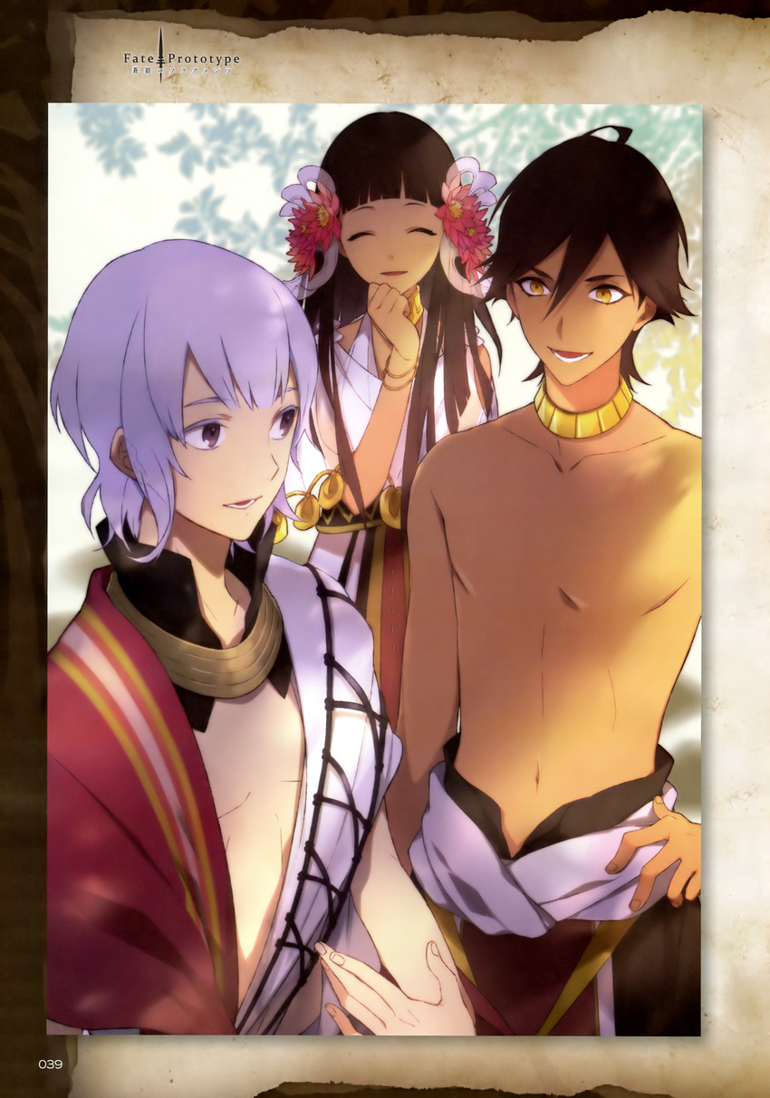 2boys absurdres brown_hair closed_eyes dark_skin fate/prototype fate/prototype:_fragments_of_blue_and_silver fate_(series) flower hair_flower hair_ornament highres long_hair moses_(fate/prototype_fragments) multiple_boys nakahara_(mu_tation) nefertari_(fate/prototype_fragments) official_art ozymandias_(fate) purple_eyes purple_hair shirtless yellow_eyes