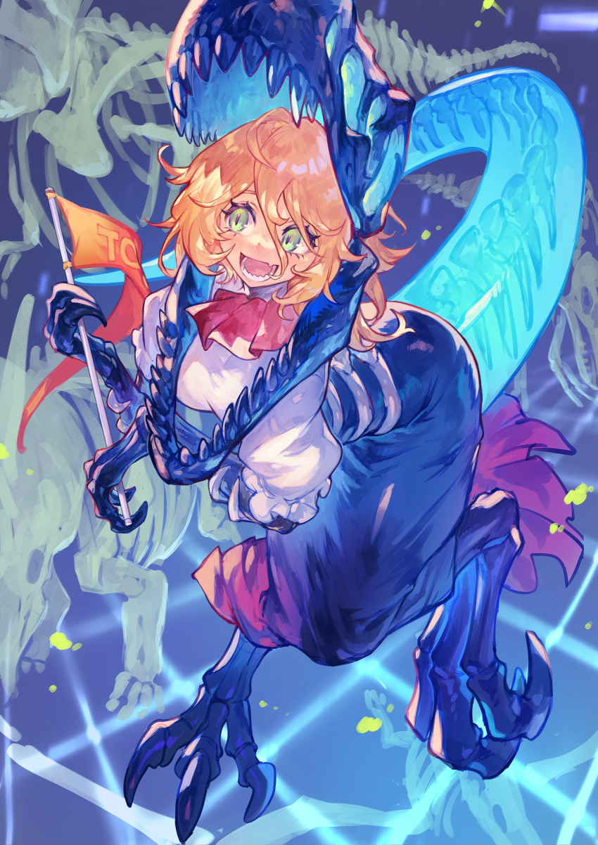 1girl absurdres animal_feet animal_hands ascot blonde_hair blue_background blue_skirt claws commission dinosaur_girl dinosaur_skeleton dinosaur_skull dinosaur_tail english_commentary fang flag full_body green_eyes highres holding holding_flag long_hair long_sleeves monster_girl original puffy_long_sleeves puffy_sleeves red_ascot sharp_teeth shirt skeb_commission skeletal_tail skin_fang skirt skull_on_head slit_pupils solo tail tapioka_chaso teeth white_shirt