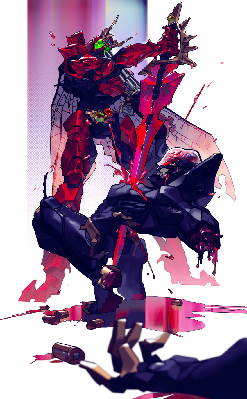 2boys absurdres antennae armor artificial_eye belt bleeding blood blood_on_weapon blood_splatter bodysuit boots brain colored_sclera company_connection compound_eyes cyborg destruction dismemberment gloves glowing glowing_eyes green_eyes gun gun_to_head guro hakaider handgun helmet highres holding holding_gun holding_sword holding_weapon impaled inaki_shinrou injury joints kamen_rider kamen_rider_black_(series) kamen_rider_black_rx_(series) kikaider_(series) kingstone looking_at_viewer male_focus mechanical_arms mechanical_hands mechanical_legs multiple_boys mutilation red_armor red_bodysuit red_eyes red_sclera revolver rider_belt robot robot_joints satan_saber science_fiction severed_arm severed_limb shadow_charger shadow_moon stab standing sword tokusatsu violence weapon