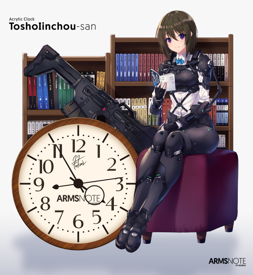 1girl arms_note artist_name blouse blue_bow book bookshelf bow brown_hair character_name clock commentary_request copyright_name exoskeleton fukai_ryousuke gun highres holding holding_book looking_at_viewer ottoman purple_eyes rifle signature sitting smile solo tosho_iinchou_(fukai_ryousuke) weapon white_blouse