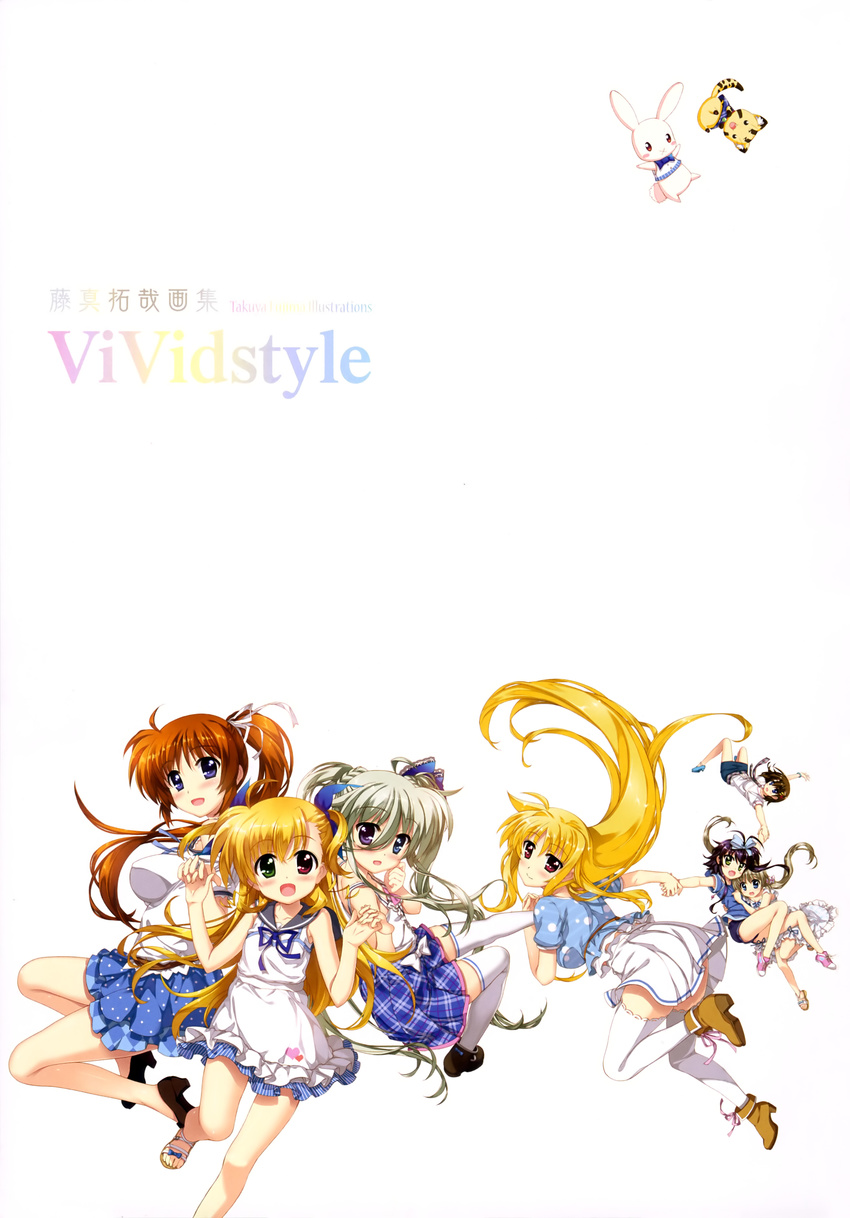 asteion corona_timir dress einhart_stratos fate_testarossa fujima_takuya heels heterochromia mahou_shoujo_lyrical_nanoha mahou_shoujo_lyrical_nanoha_vivid rio_wezley sacred_heart summer_dress takamachi_nanoha thighhighs vivio yagami_hayate