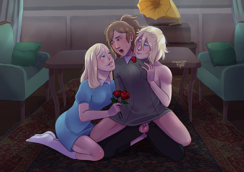 1boy 2girls alois_trancy bisexual blonde_hair blue_eyes blush breasts brown_eyes clothed_sex crossover flower grabbing grin groping highres jennifer_(rule_of_rose) kuroshitsuji looking_at_another magnta moaning multiple_girls penis rose rule_of_rose sex shirtless smile spread_legs sweat testicles vaginal wendy_(rule_of_rose) wince