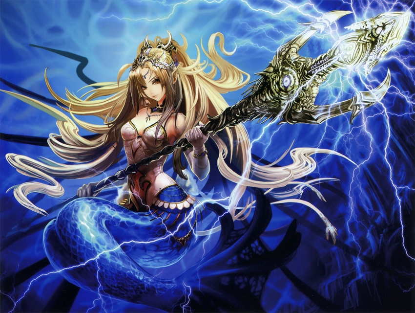 absurdres blonde_hair breasts brown_eyes choker cleavage floating_hair hair_ornament head_tilt highres holding holding_weapon huge_filesize jewelry long_hair looking_at_viewer medium_breasts mermaid monster_collection monster_girl navel necklace polearm solo tachikawa_mushimaro underwater very_long_hair weapon