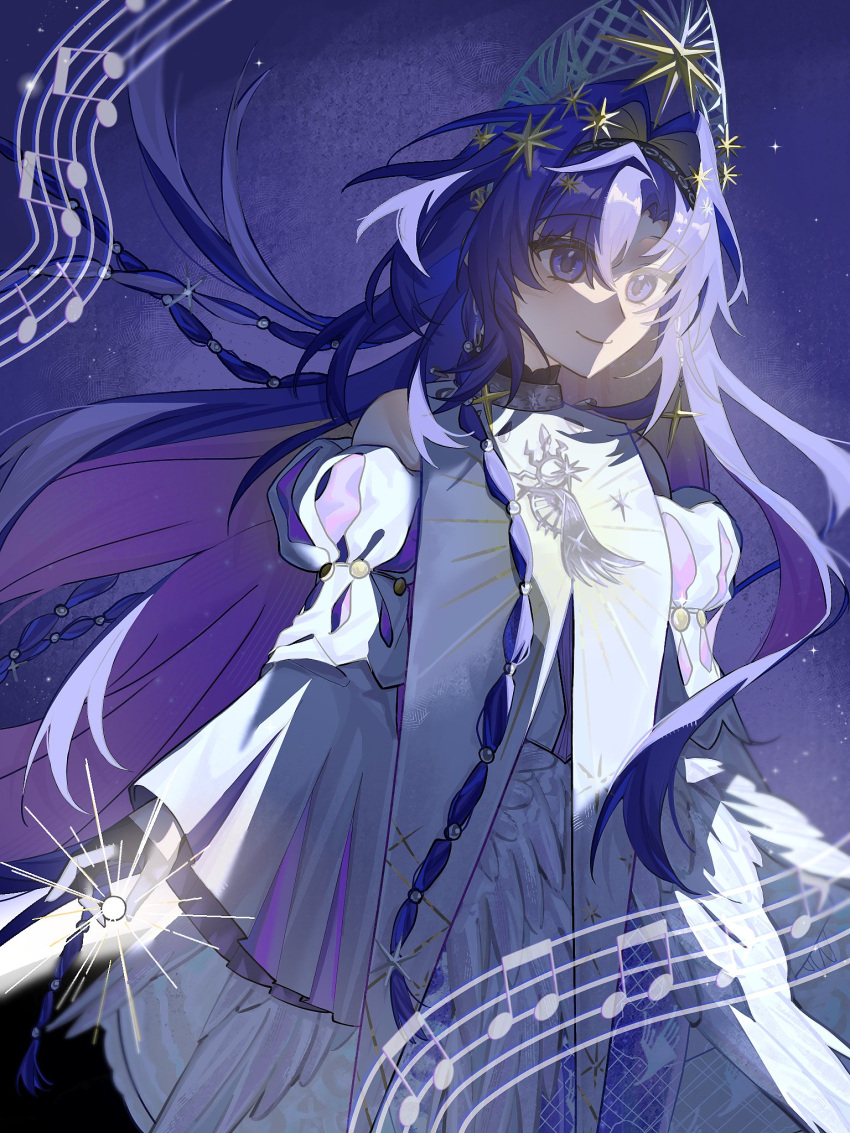1girl bare_shoulders beamed_eighth_notes blonde_hair blue_background blue_eyes blue_hair closed_mouth clothing_cutout colored_inner_hair dress floating_hair gradient_hair hair_intakes hair_ornament highres holding ichigo_(cute_berry460) juliet_sleeves kokoshnik long_sleeves looking_ahead multicolored_hair musical_note musical_staff official_alternate_costume puffy_sleeves purple_hair quarter_note reverse:1999 shoulder_cutout smile solo star_(symbol) star_hair_ornament upper_body voyager_(choir_of_the_stars)_(reverse:1999) voyager_(reverse:1999) white_dress