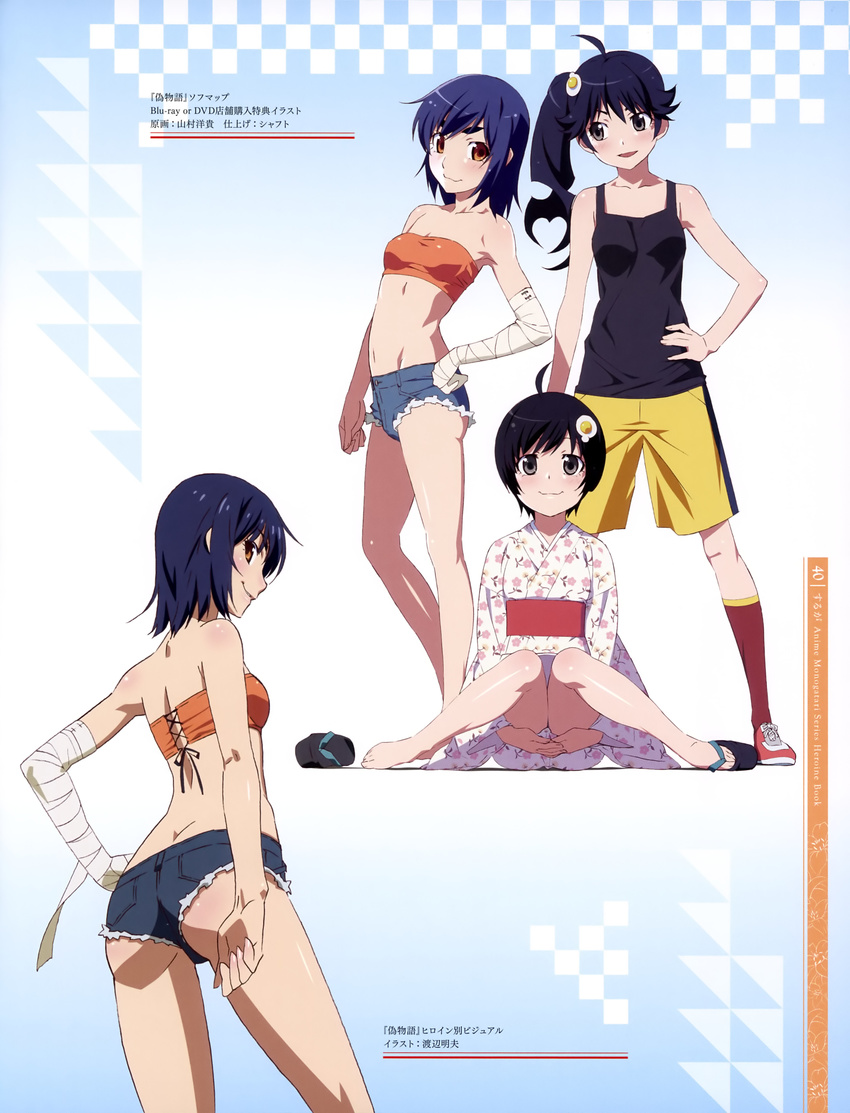 araragi_karen araragi_tsukihi ass bakemonogatari bandages hanamonogatari kanbaru_suruga nisemonogatari watanabe_akio yamamura_hiroki yukata