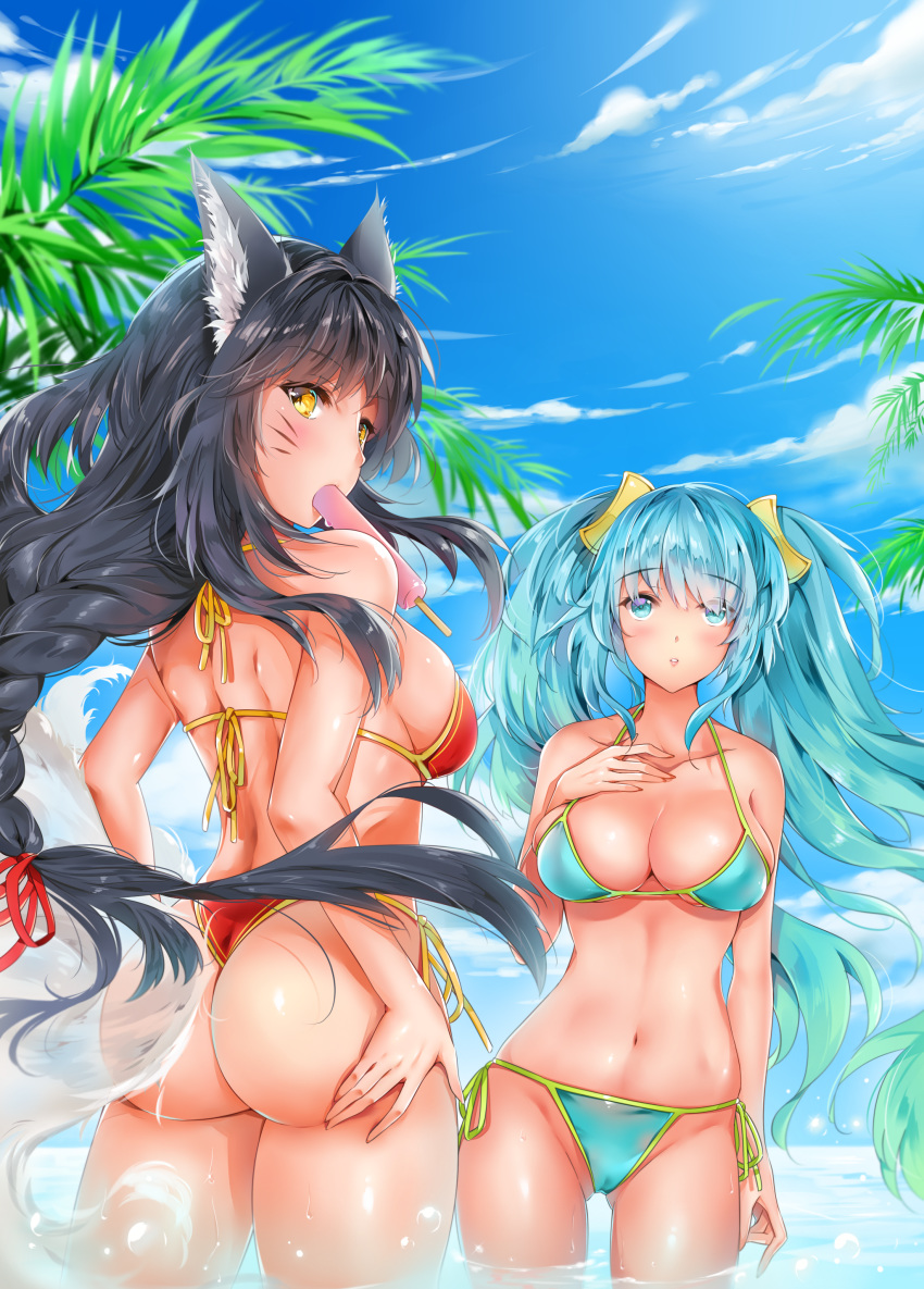 ahri animal_ears bikini league_of_legends nia_(leafunia) sona_buvelle swimsuits tail