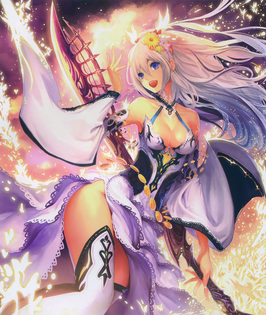 absurdres blue_eyes boots breasts cleavage collarbone detached_sleeves dress flower hair_flower hair_ornament highres holding holding_sword holding_weapon huge_filesize long_hair medium_breasts open_mouth shingeki_no_bahamut silver_hair solo sword tachikawa_mushimaro thigh_boots thighhighs weapon