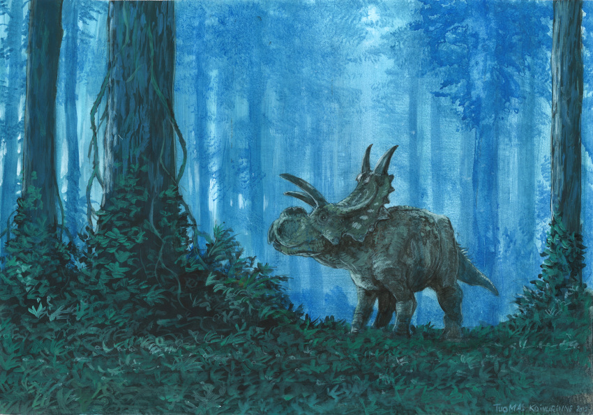 2012 ambiguous_gender centrosaurine ceratopsian detailed_background dinosaur feral forest full-length_portrait grass hi_res horn leaf nature photorealism portrait quadruped reptile scalie solo standing traditional_media_(artwork) tree tuomas_koivurinne xenoceratops xenoceratops_foremostensis