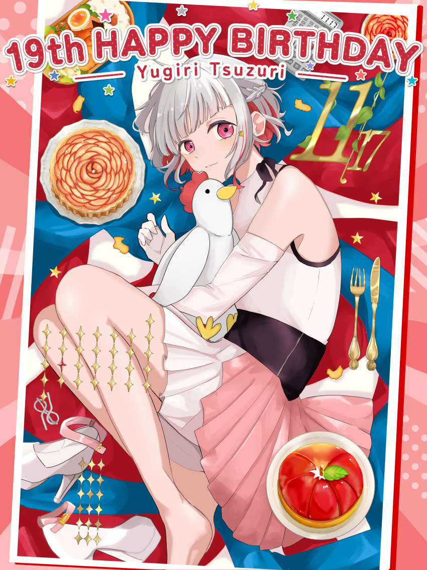 1girl absurdres alternate_costume apple apple_slice bare_shoulders barefoot calculator character_age character_name colored_inner_hair commentary_request dress elbow_gloves food fruit full_body gloves hair_ornament happy_birthday high_heels highres link!_like!_love_live! looking_at_viewer love_live! lying multicolored_hair on_side peking_duck_(love_live!) pink_eyes red_hair red_streaks roku_aya_fuyu shoes sleeveless sleeveless_dress solo star_(symbol) star_hair_ornament streaked_hair unworn_shoes virtual_youtuber white_dress white_gloves white_hair white_shoes yugiri_tsuzuri