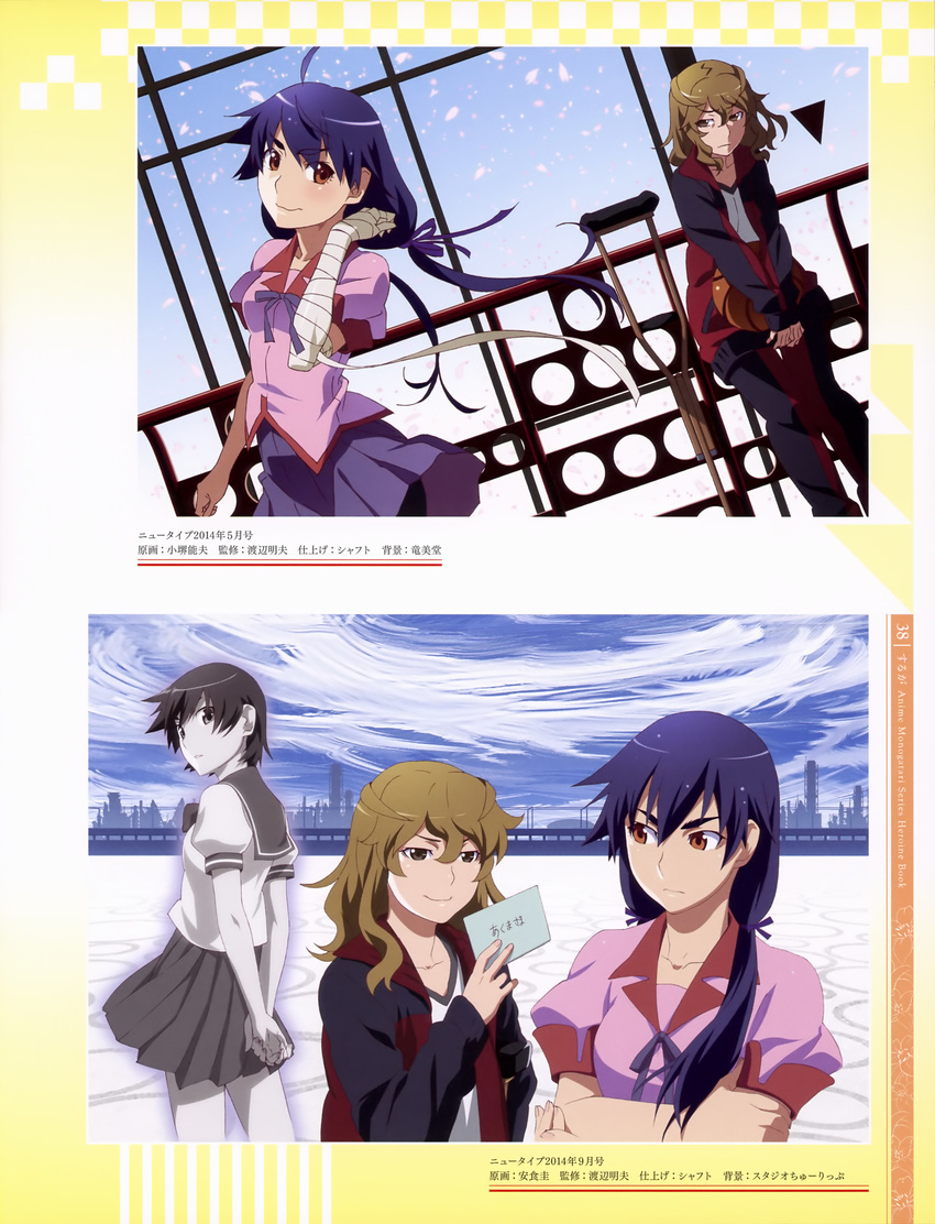 ajiki_kei bakemonogatari bandages bike_shorts gym_uniform hanamonogatari kanbaru_suruga kosakai_yoshio nisemonogatari numachi_rouka seifuku