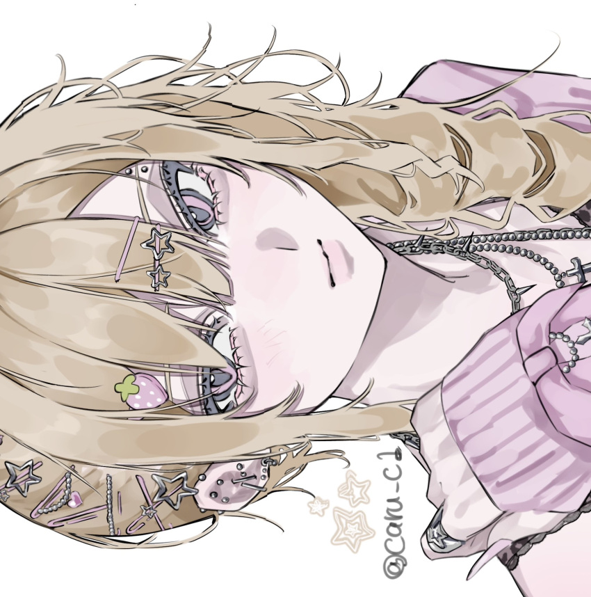 1girl aegyo_sal blonde_hair caru_c1 chain chain_necklace closed_mouth commentary drill_hair ear_piercing eyebrow_piercing face_piercing gyaru hair_ornament hairclip highres jacket jewelry long_hair necklace original piercing pink_jacket side_drill sideways simple_background sleeves_past_wrists smile solo spiked_necklace star_(symbol) star_hair_ornament symbol-only_commentary too_many_hair_ornaments white_background