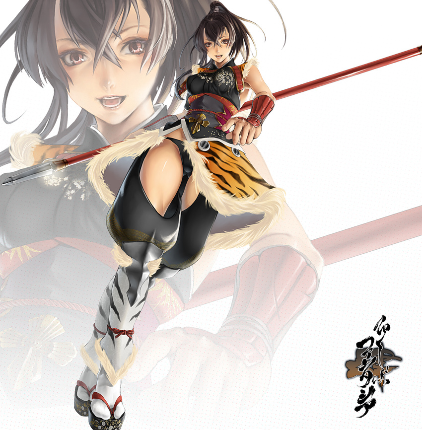 animal_print bare_shoulders brown_eyes brown_hair highres kazakami_yuu long_hair pixiv_fantasia pixiv_fantasia_4 polearm ponytail solo spear tiger_print weapon zoom_layer