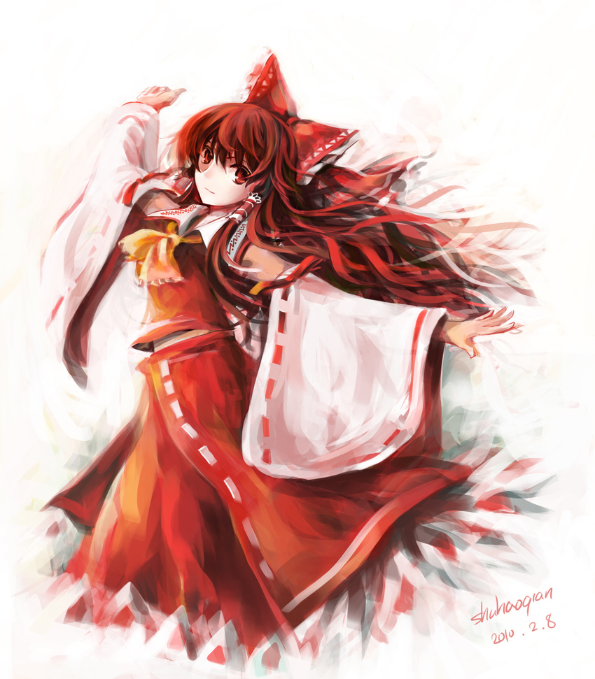 ascot bad_id bad_pixiv_id bow brown_eyes brown_hair detached_sleeves hakurei_reimu highres long_hair qianshuhao signature smile solo touhou