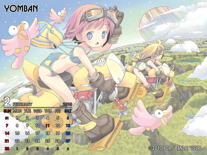 2girls :o adjusting_goggles ahoge back backpack bag bandeau bangs bent_over bikini bird blonde_hair blue_bikini blue_eyes boots building calendar_(medium) canyon cloud day february flat_chest flying from_side gloves goggles goggles_on_head hover_bike looking_afar looking_at_viewer multiple_girls no_nose open_mouth outdoors pink_hair planet pop riding scenery short_hair sky star_(sky) starry_sky swimsuit wallpaper yomban