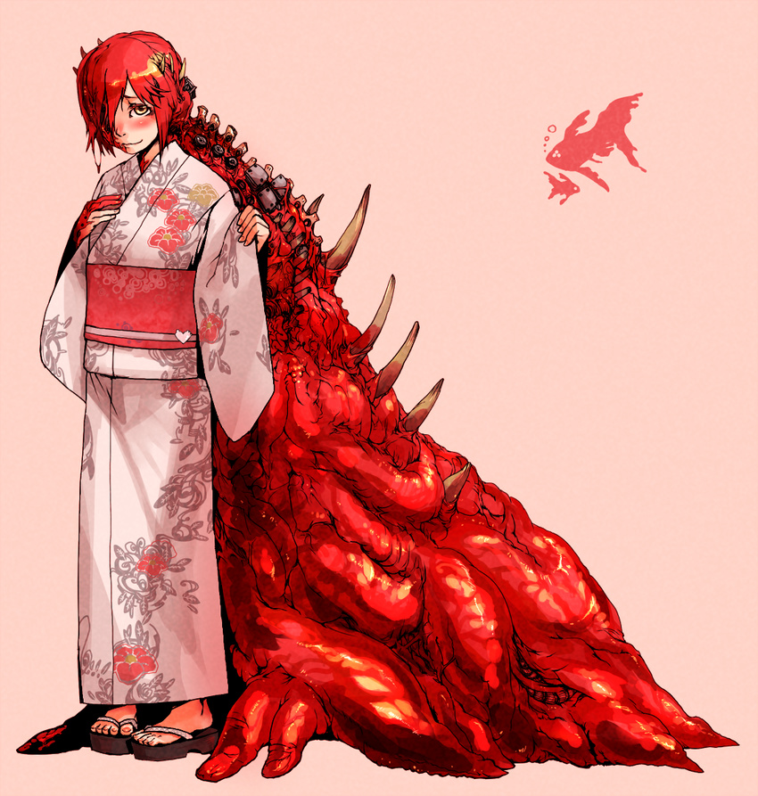 blush commentary_request guro hair_over_one_eye japanese_clothes kimono mado_(mukade_tou) meat_jersey_girl monster_girl one-eyed original red_hair sandals short_hair smile solo standing yellow_eyes yukata