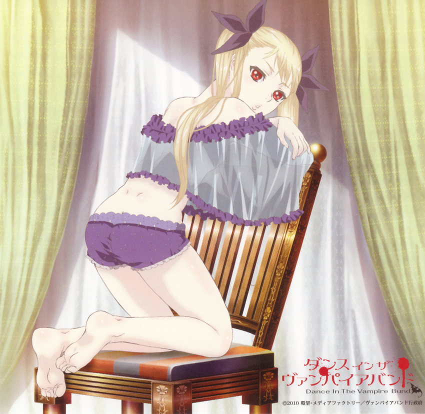 artist_request barefoot blonde_hair dance_in_the_vampire_bund feet hair_ribbon highres legs lingerie long_hair looking_back mina_tepes official_art red_eyes ribbon see-through soles solo twintails underwear