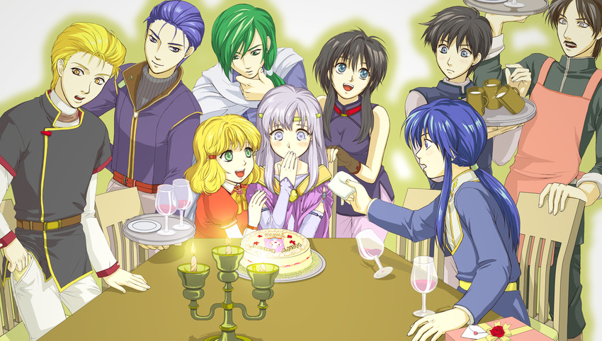 6+boys birthday black_hair blonde_hair blush brother_and_sister cake celice_(fire_emblem) circlet delmud_(fire_emblem) fingerless_gloves fire_emblem fire_emblem:_seisen_no_keifu food glass gloves green_eyes grey_eyes lakche_(fire_emblem) lana_(fire_emblem) lavender_hair lester_(fire_emblem) levin_(fire_emblem) long_hair multiple_boys multiple_girls musakoji oifaye_(fire_emblem) open_mouth pastry purple_eyes short_hair siblings skasaha_(fire_emblem) smile surprised tears yuria_(fire_emblem)