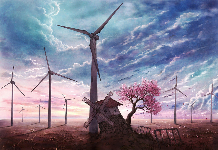 cloud cola_(gotouryouta) grass highres no_humans original petals ruins scenery sky tree wind_turbine windmill
