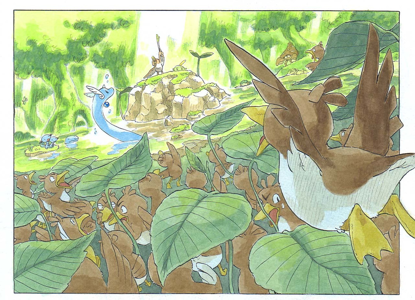 celebi dragonair farfetch'd flying gen_1_pokemon gen_2_pokemon gen_3_pokemon gen_4_pokemon gulpin head_wings kamina_pose leaf light_rays nature no_humans o3o open_mouth parasect pointing pointing_up pokemon pokemon_(creature) quagsire rock shaymin smile spring_onion sunbeam sunlight tree water wings wooper zenimaki