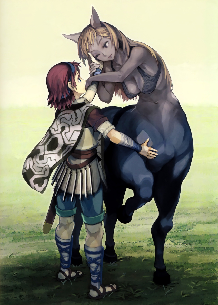 1girl absurdres agro animal_ears breasts brown_eyes centaur cleavage couple hand_on_another's_face hetero highres long_hair medium_breasts monster_girl one_eye_closed personification petting ryman scan shadow_of_the_colossus wander