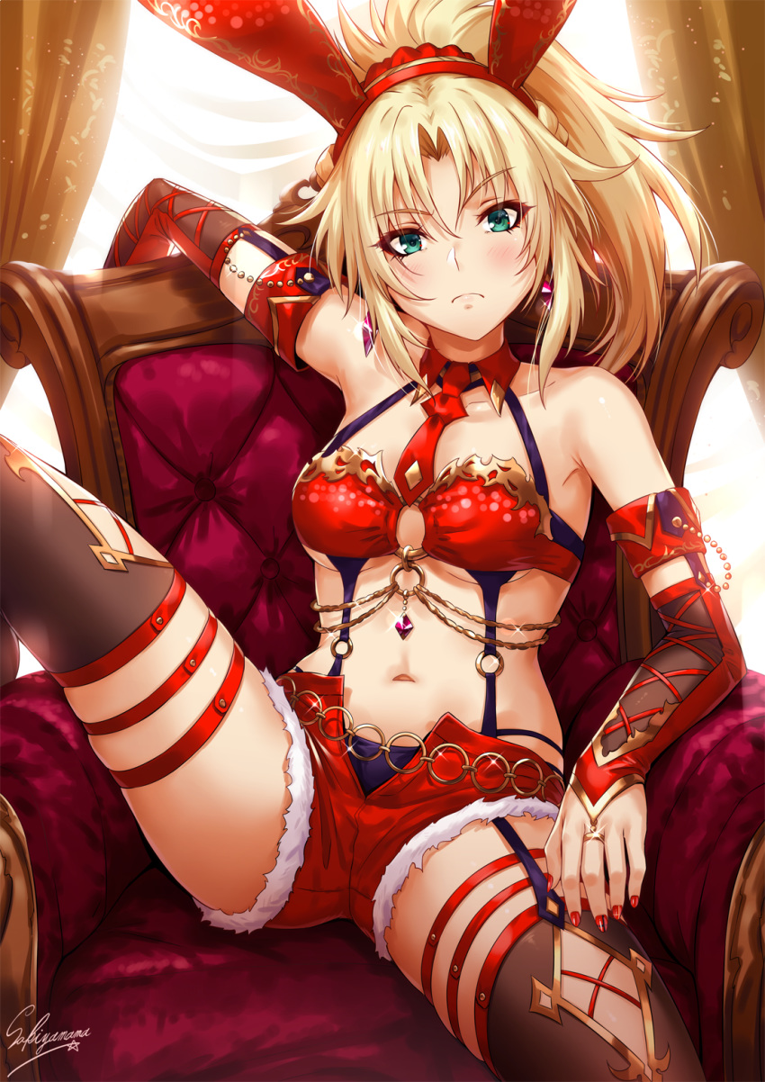 1girl animal_ears arm_rest bandeau bangs blonde_hair breasts bridal_gauntlets bunny_ears chains chair collarbone detached_collar detached_sleeves earrings eyebrows_visible_through_hair fake_animal_ears fate/grand_order fate_(series) garter_straps gold gold_trim green_eyes hair_ornament highres jewelry knee_up long_hair looking_at_viewer medium_breasts mordred_(fate)_(all) nail_polish navel necktie o-ring o-ring_top open_fly parted_bangs ponytail red_legwear red_nails red_neckwear red_shorts ruby_(gemstone) sakiyamama short_shorts shorts sidelocks signature skindentation sleeve_cuffs solo spread_legs stomach thigh_strap thighhighs