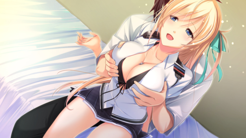 anya_(sougeki_no_jaeger) bikini_top breast_grab chuuou_higashiguchi cleavage erect_nipples game_cg open_shirt propeller sakagima_homura sougeki_no_jaeger