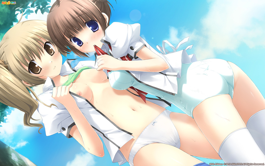 breasts hulotte ikegami_akane makiya_sumika nipples no_bra open_shirt pantsu school_swimsuit seifuku swimsuits tezuka_yumimi thighhighs undressing wallpaper with_ribbon