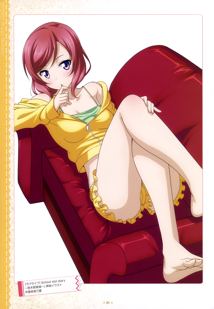 absurdres barefoot breasts cleavage collarbone couch green_shirt highres jacket long_hair looking_at_viewer love_live! love_live!_school_idol_project lying marugoshi_teppei medium_breasts nishikino_maki official_art on_back purple_eyes red_hair shirt shorts solo yellow_jacket yellow_shorts zipper