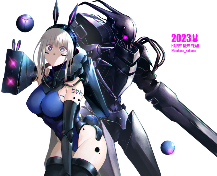 1girl arm_cannon black_thighhighs blame! blue_eyes blue_leotard breasts cibo cyberpunk cyborg happy_new_year joints large_breasts leotard long_hair looking_at_viewer mechanical_arms pale_skin robot_joints sakuma_tsukasa science_fiction silicon_creature_(blame!) simple_background sparkling_eyes thick_thighs thighhighs thighs weapon white_background white_hair