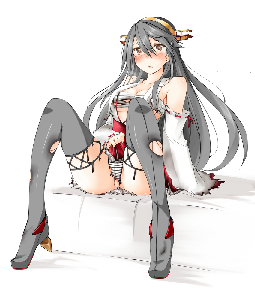 censored haruna_(kancolle) heels kaminagi_(kaminagi-tei) kantai_collection pantsu pussy sarashi shimapan thighhighs torn_clothes underboob