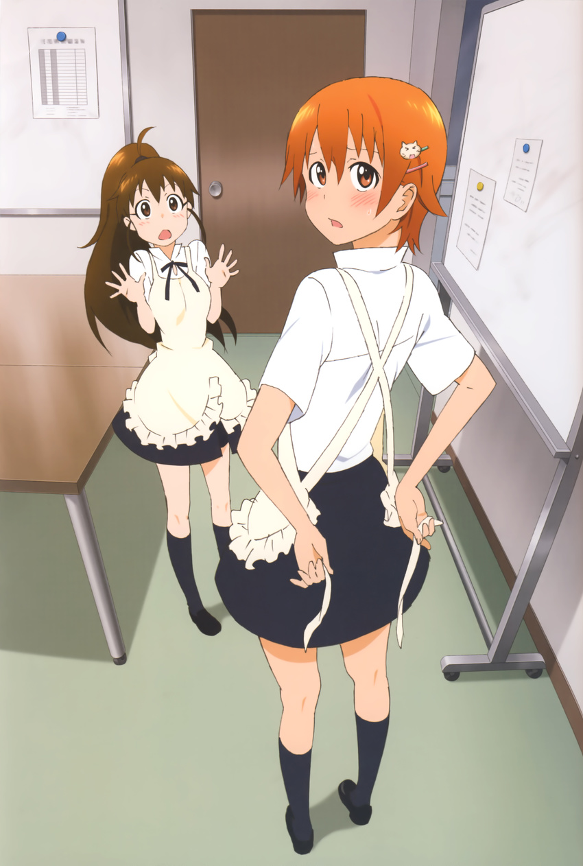 absurdres adachi_shingo apron black_legwear black_skirt brown_eyes brown_hair cat_hair_ornament hair_ornament high_ponytail highres inami_mahiru indoors kneehighs long_hair long_legs multiple_girls open_mouth orange_hair short_hair skirt taneshima_popura working!!