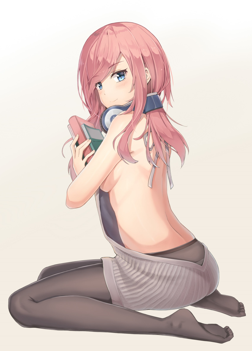 1girl absurdres bangs bare_arms bare_back bare_shoulders black_legwear blue_eyes blush book breasts closed_mouth commentary_request feet fingernails from_behind full_body go-toubun_no_hanayome hair_between_eyes headphones headphones_around_neck highres holding holding_book long_hair looking_at_viewer looking_back meme_attire nakano_miku pantyhose pink_hair seiza sideboob simple_background sitting smile soles solo thighs toes unicron_(brous) virgin_killer_sweater