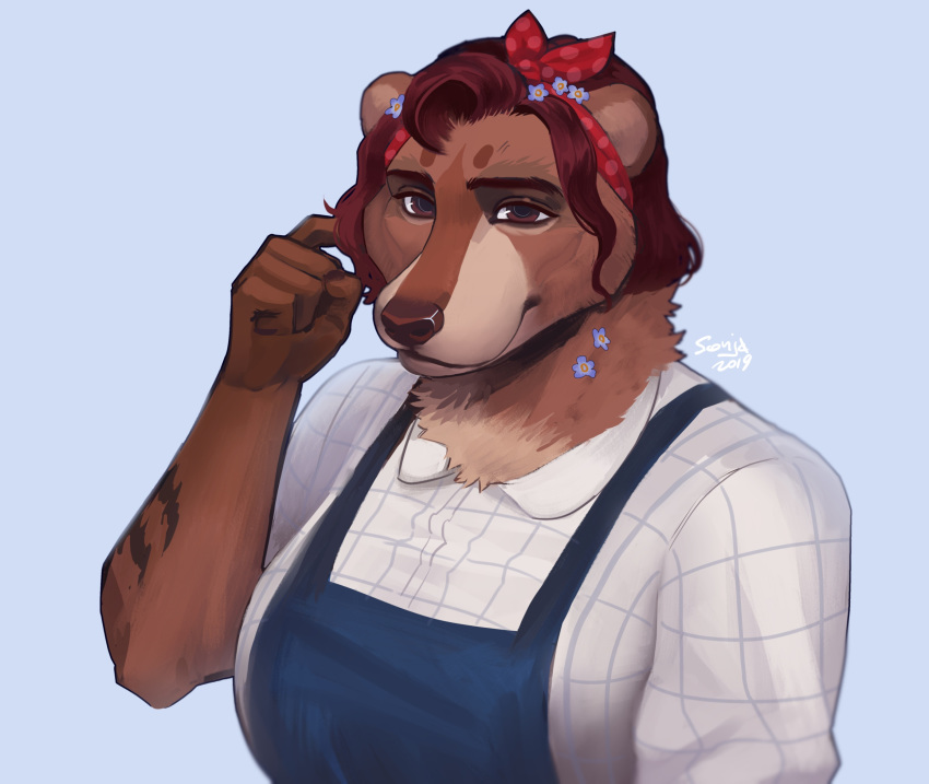 2019 anthro apron breasts clothed clothing female flower fully_clothed fur hair looking_at_viewer mammal plant plgdd simple_background solo ursid