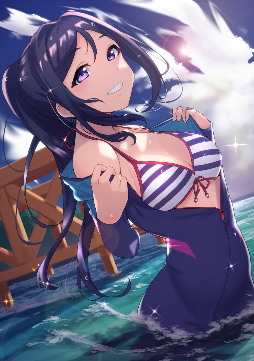 1girl arched_back bare_shoulders bikini blue_hair blurry blush braid breasts cleavage cloud cloudy_sky commentary_request day depth_of_field dutch_angle halter_top halterneck high_ponytail highres long_hair looking_at_viewer love_live! love_live!_sunshine!! matsuura_kanan medium_breasts midriff navel open_clothes outdoors parted_lips ponytail purple_eyes sky striped striped_bikini sunlight swimsuit underboob unzipped wading water yamaori_(yamaorimon)