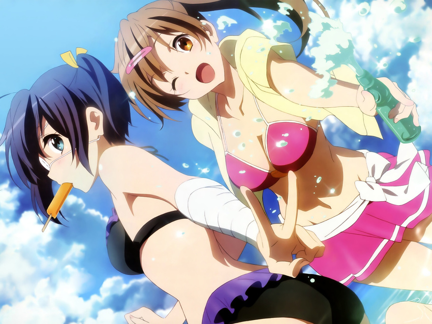 ;d ass bandages bikini bikini_skirt black_bikini blue_hair breasts brown_eyes brown_hair chuunibyou_demo_koi_ga_shitai! cleavage cloud cloudy_sky collarbone day dutch_angle eyepatch food green_eyes groin hair_ornament hair_ribbon highres ice_cream jacket long_hair looking_at_viewer makita_masaya medium_breasts multiple_girls navel nibutani_shinka one_eye_closed open_clothes open_jacket open_mouth outdoors pink_bikini ramune ribbon short_hair sky smile stomach swimsuit takanashi_rikka twintails v yellow_jacket yellow_ribbon