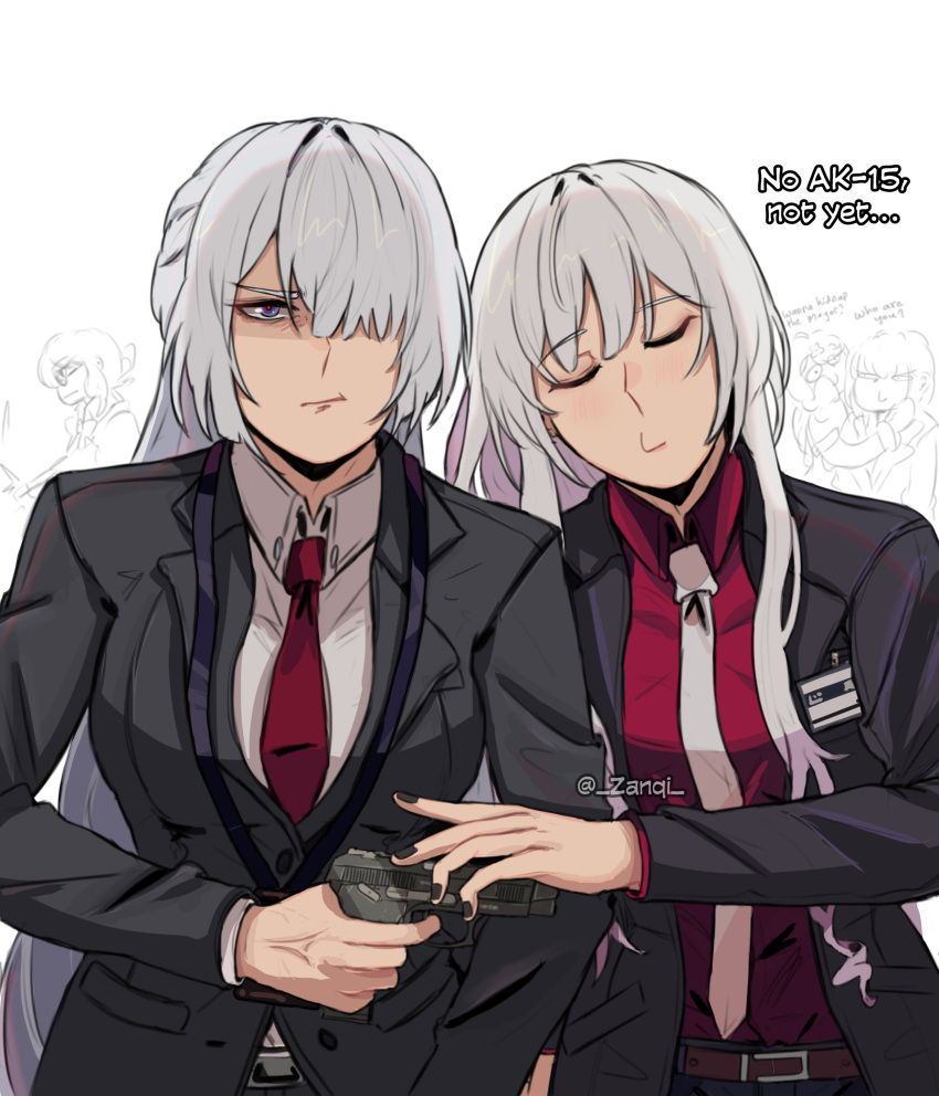 5girls absurdres ak-12_(girls'_frontline) ak-12_(lucia)_(girls'_frontline) ak-15_(erwin)_(girls'_frontline) ak-15_(girls'_frontline) an-94_(antje)_(girls'_frontline) an-94_(girls'_frontline) artist_name black_jacket black_nails black_pants character_request check_character closed_eyes closed_mouth collared_shirt commentary english_commentary finger_on_trigger girls'_frontline gun hair_over_one_eye handgun highres holding holding_gun holding_weapon jacket long_hair mp-443_grach multiple_girls pants purple_eyes red_pupils red_shirt rpk-16_(girls'_frontline) rpk-16_(renate)_(girls'_frontline) seed_(zenless_zone_zero) shirt simple_background twitter_username veins veiny_hands weapon white_background white_hair white_shirt zanqi zenless_zone_zero