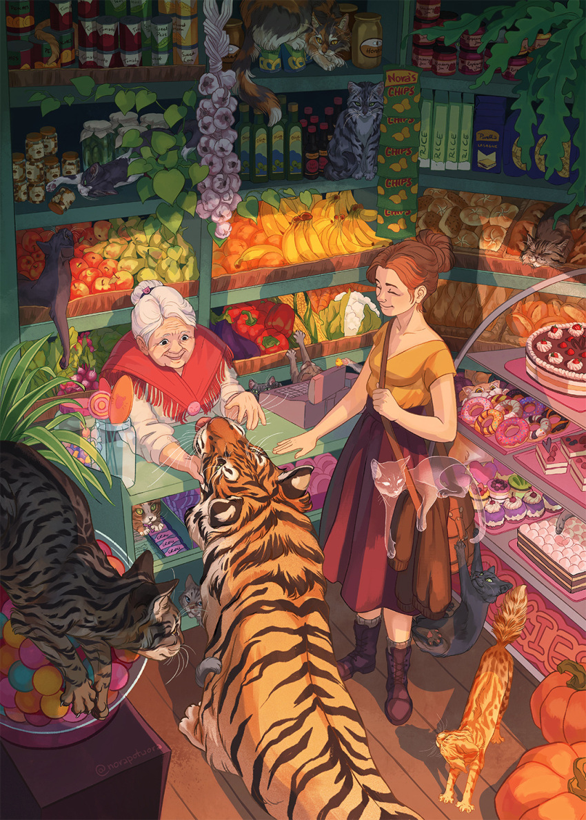 2girls :3 aged_up animal animal_ears animal_focus animal_on_head animal_on_shoulder animal_print baguette bakery basket black_cat boots bread bread_bun brown_cat calico_(pattern) calico_cat cash_register cat cat_ears cat_on_head cat_tail clip_studio_paint_(medium) commentary commission croissant display_case drink_carton food food_art food_packaging ghost groceries grocery_store hair_bun highres loaf_of_bread looking_at_animal milk_carton muffin multiple_girls norapotwora old old_woman on_head original pastry petting red_hair shelf shop shopping shopping_basket single_hair_bun slice_of_life stocking_shelves store_clerk storefront tail tiger tiger_print tongs vegetable when_you_see_it whiskers white_cat wrinkled_skin