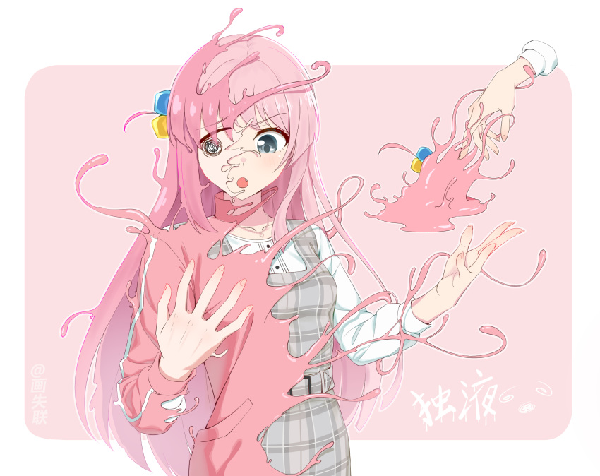 2girls absurdres anglediana bang_dream! bang_dream!_it's_mygo!!!!! bocchi_the_rock! breasts chihaya_anon chinese_commentary color_connection commentary_request crossover dress fang gotoh_hitori grey_dress grey_eyes hair_color_connection highres instrument_connection jacket jewelry long_hair long_sleeves medium_breasts melting multiple_girls necklace one_side_up open_mouth pinafore_dress pink_hair pink_jacket plaid_clothes plaid_dress shirt sleeveless sleeveless_dress white_shirt